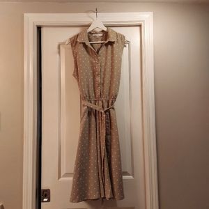 Taupe Polkadot A-line Sleeveless Dress with Collar